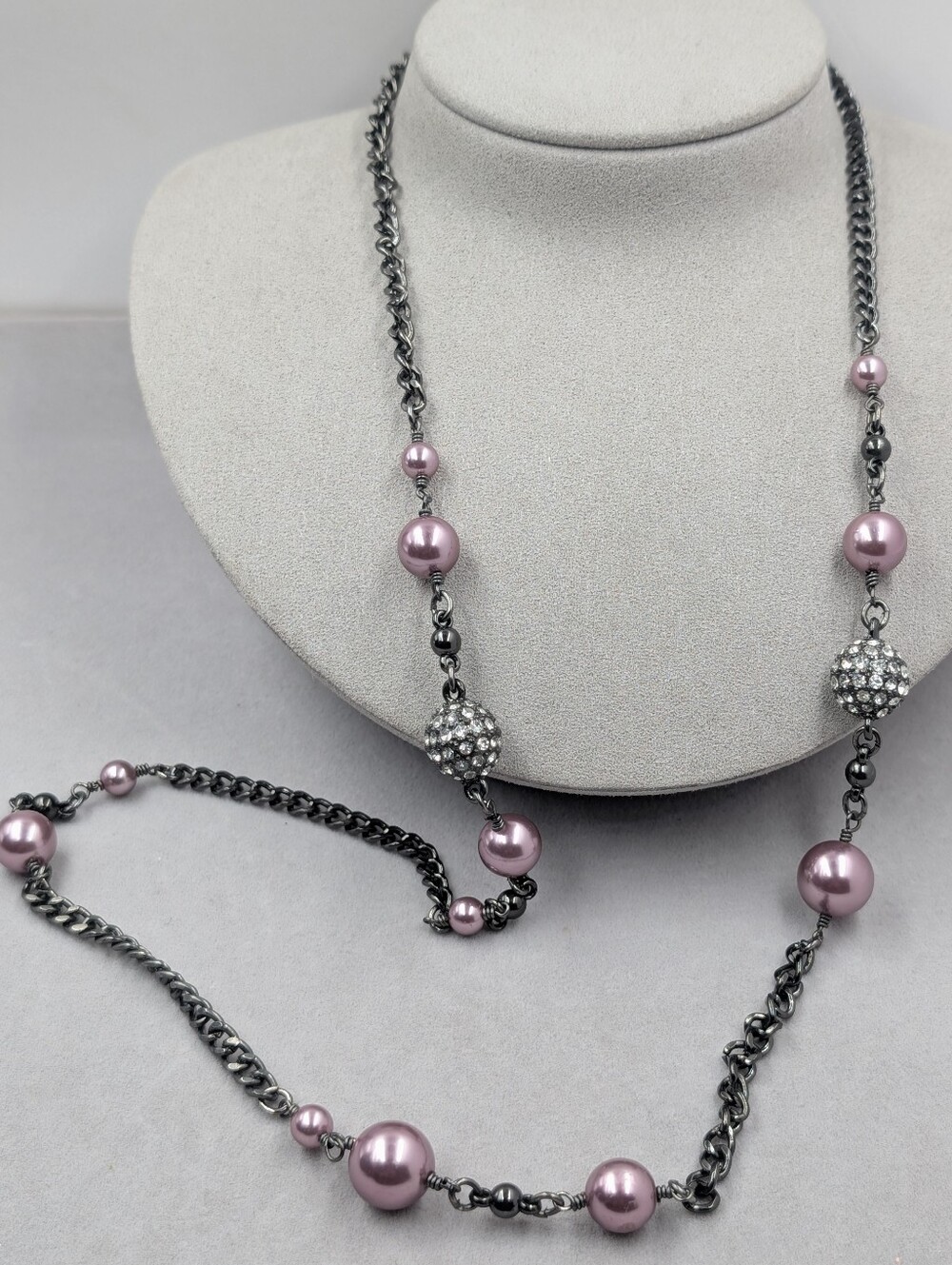 J. Crew Gunmetal Chain Necklace with Pink Purple Pearls and Pave Balls